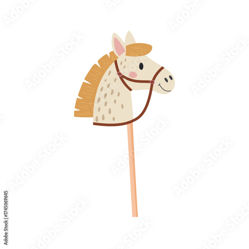 Stick horse children toy vector flat illustration on white background. Cute Horse Toy