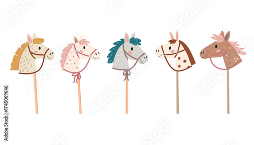 Set of cute hand drawn horses.  Cute cartoon horse on a stick. Vector illustration in cartoon style.