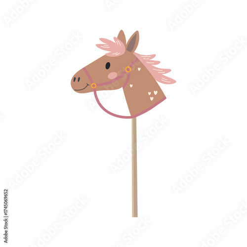Stick horse children toy vector flat illustration on white background. Cute Horse Toy