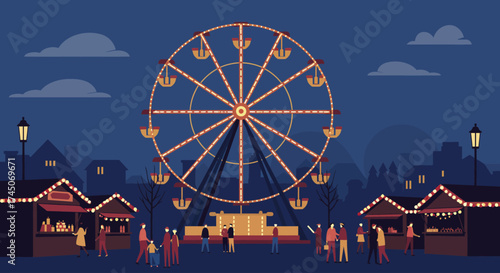 A captivating flat design illustration featuring an iconic Ferris wheel or carousel, serving as a vibrant centerpiece at a bustling Christmas market. This vector artwork brings a playful.