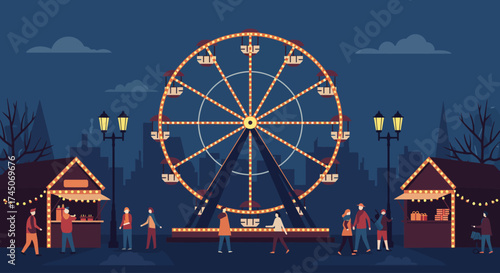 A captivating flat design illustration featuring an iconic Ferris wheel or carousel, serving as a vibrant centerpiece at a bustling Christmas market. This vector artwork brings a playful.