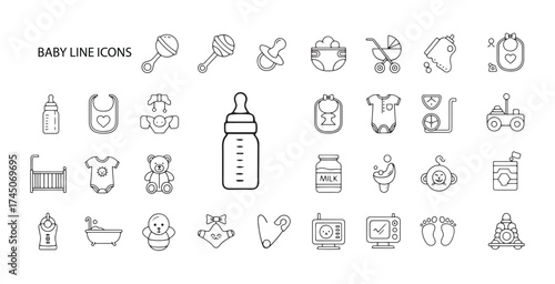 Baby Line Icons Set. Vector illustration in modern thin line style of baby care, parenting essentials, and infant accessories. Isolated on transparent background.