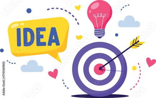 Creative target with arrow and light bulb represents successful business ideas and solutions