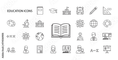 Education Line Icons Set. Vector illustration in modern thin line style of learning tools, academic roles, and school-related concepts. Isolated on transparent background.