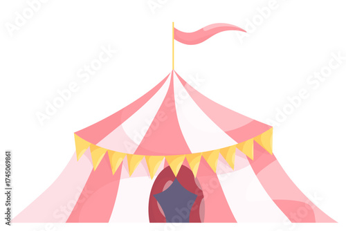 Circus tent isolated. A classic circus tent with red and white stripes, topped with a small red flag. Design of a traditional circus environment.