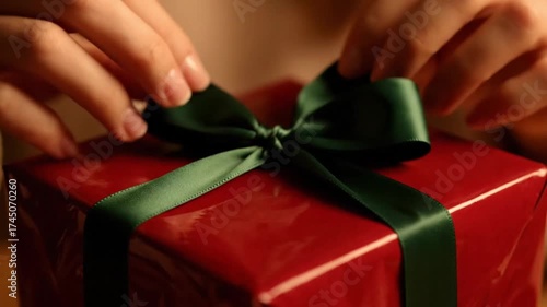 Hands tying a green ribbon on a shiny red wrapped present in soft warm lighting