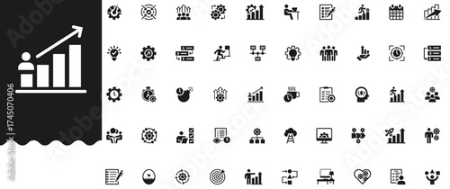 Productivity and efficiency solid icon set features time management, schedule, deadline, skill improvement, teamwork, process workflow and performance symbols. Professional, minimal vector collection.