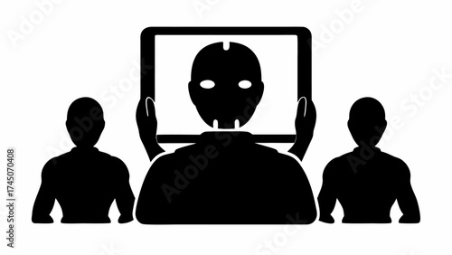 Silhouette of two people standing next to a person holding a tablet showing a masked face image