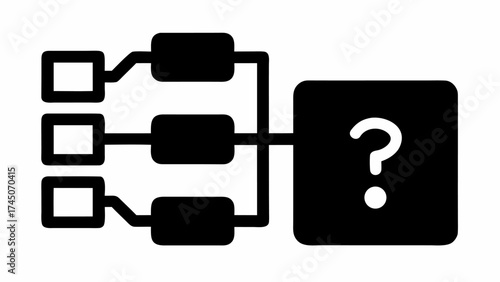 Black and white diagram showing three rectangular inputs connected to a larger question mark box output