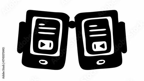 Two stylized smartphones connected side by side displaying a play button and text in black and white