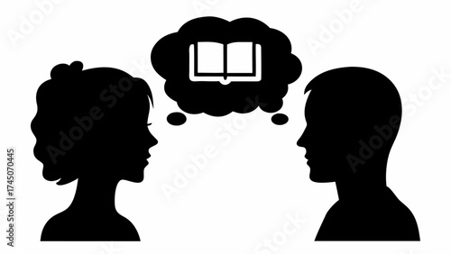 Silhouetted figures face each other with a book in a thought bubble between them in black and white