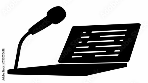 Illustration of a microphone and a laptop with text on the screen in black and white design style