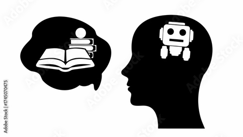 Silhouette of a head with a robot inside and a thought bubble with books and a ball near the head