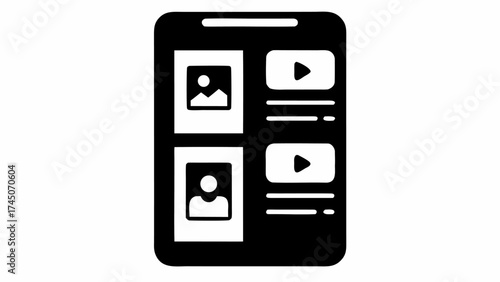 Smartphone displaying a social media interface with profile pictures and video play buttons icons