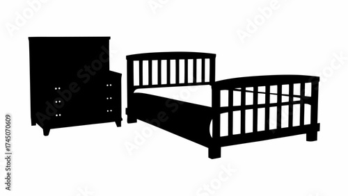 Silhouette illustration of a bed with headboard and footboard next to a dresser with drawers and knobs