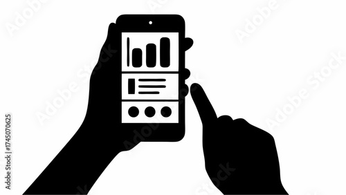 Person holding a smartphone with a chart and touching the screen with their finger in black and white style
