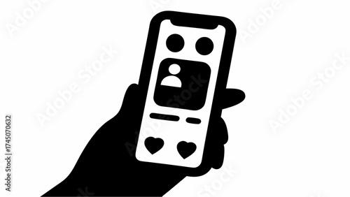 Hand holding a smartphone displaying a social media interface with profile and like icons visible on screen