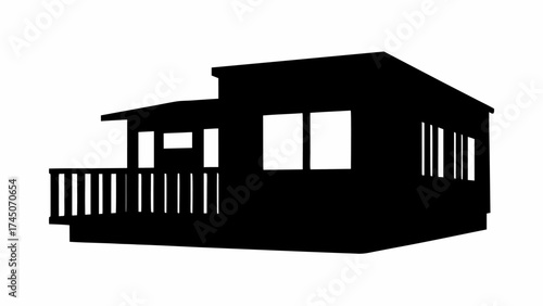 Silhouette of a modern house with a flat roof and a porch with railing and multiple windows design