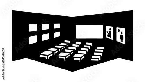 Illustration of a classroom with desks, chairs, a projector screen, and windows in black and white