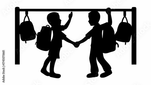 Silhouette of two boys with backpacks shaking hands near a rack with hanging backpacks in black and white