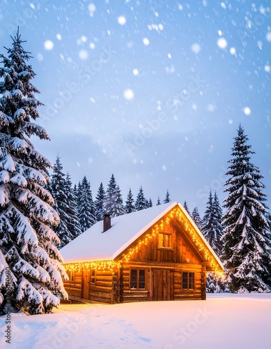 Snowy cabin in winter forest