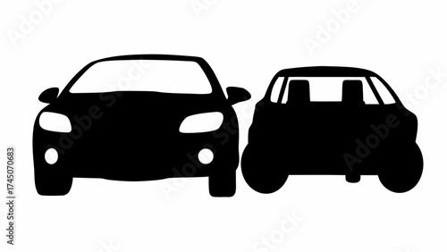 Two different sized black car silhouettes facing forward on a white background showcasing vehicles