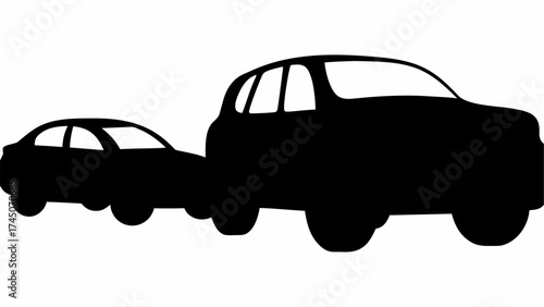 Silhouette of a large suv towing a smaller car, both depicted in solid black against a white background