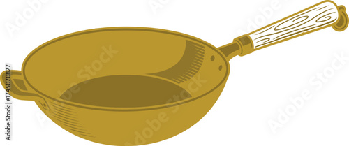 Wok vector illustration. Asian cooking pan with a wooden handle for stir-frying. Kitchenware icon for a restaurant or culinary theme.