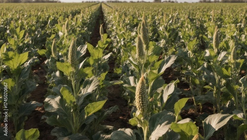 A vast field of green crops stretching toward the horizon under a soft, natural light