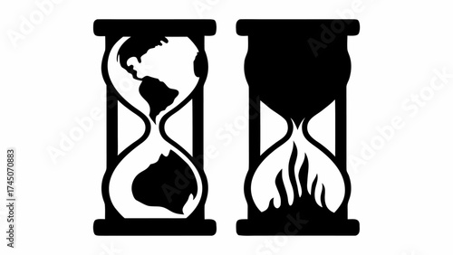 Two hourglasses depicting the earth and flames representing climate change and environmental issues