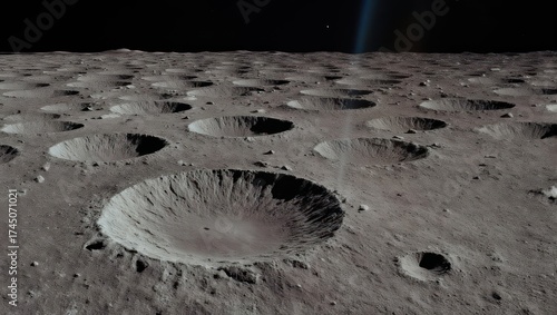 A vast expanse of craters peppered across a gray lunar surface under a dark, starry sky