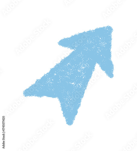 Blue pastel arrow with swirl form in soft crayon sketch. Hand drawn pointer symbol for up direction, clean icon element. Artistic marker texture, ideal for simple abstract use.