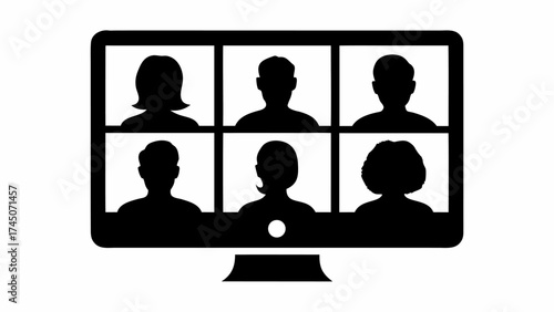 Silhouette illustration of a video conference call with six participants on a computer screen display
