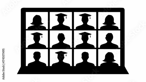 Silhouette illustration of a virtual graduation ceremony on a laptop screen with twelve participants