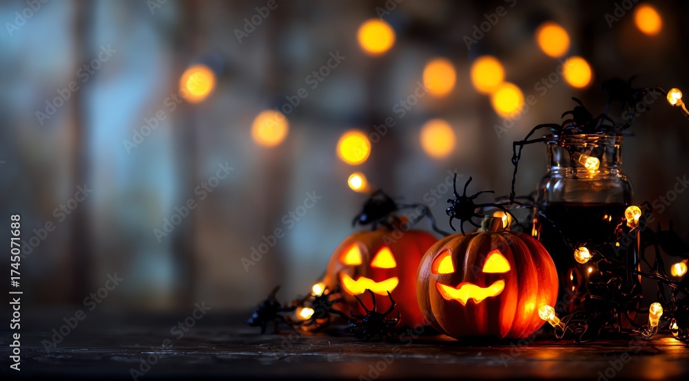 Obraz premium Celebrate the spooky season with glowing Halloween pumpkins and festive fairy lights. This cozy atmosphere captures the essence of autumn nights filled with joy and mystery.