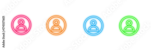 Neon glowing user profile vector icons set, account, avatar, identity, login, social, vibrant digital design illustration on transparent background