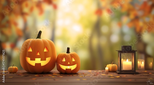 A festive Halloween scene featuring carved pumpkins and a glowing lantern against a backdrop of autumn foliage, capturing the spirit of celebration and tradition in a vibrant atmos