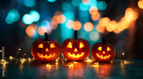 A festive Halloween scene featuring three carved pumpkins with glowing faces, surrounded by warm fairy lights, creating an inviting atmosphere for autumn celebrations.