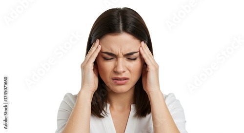 Woman eyes closed presses fingers to forehead with a pained expression