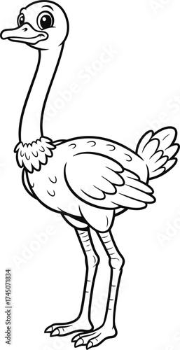 Cute ostrich kids coloring page illustration, black and white cartoon vector drawing for children learning and printable art.