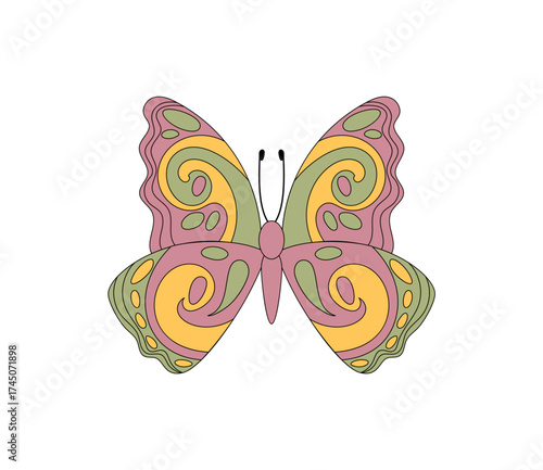 Groovy retro butterfly sticker in colorful 70s swirl pattern. Funky graphic as y2k groovy element, playful and fun, vintage look, bright visual for trendy and cool artistic decor.