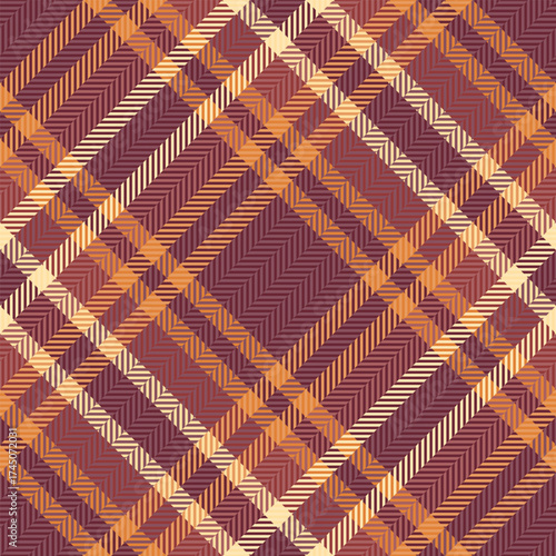 Flow check plaid fabric, stroke background vector texture. Simple tartan seamless textile pattern in red and orange colors.