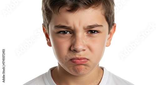 Young boy with a displeased expression furrowed brow and pouty lips against a white background