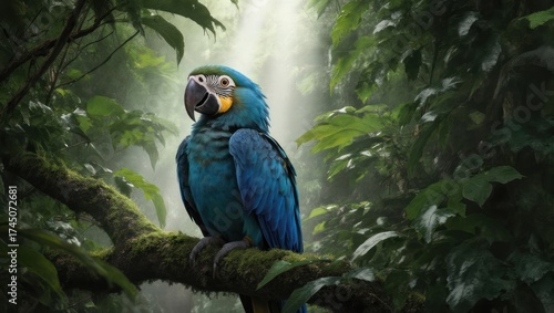 A vibrant blue and yellow macaw perched on a mossy branch in a lush, sunlit rainforest