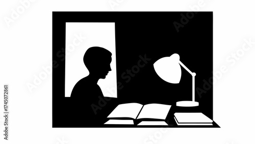 Focused student studies late, illuminated by desk lamp, books open, preparing for exams, learning, thinking