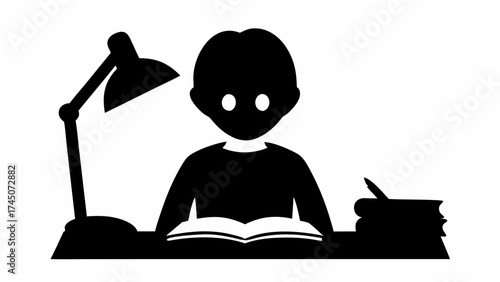 Student intensely studying textbooks under a desk lamp, preparing for exams, focused learning and academic success