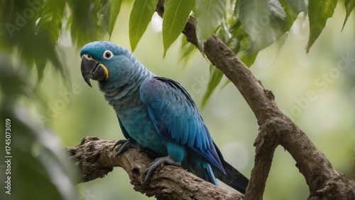 A vibrant blue parrot perched on a tree branch, looking directly at the viewer amidst green foliage