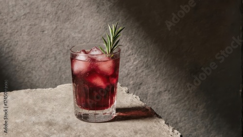 A vibrant cocktail, dark red, garnished with rosemary on the rocks, sits on a textured surface