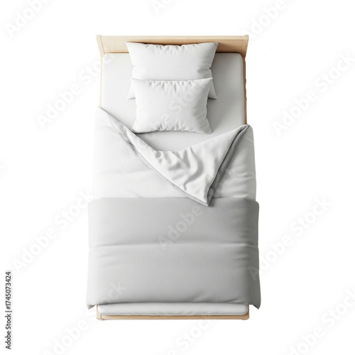 Top view single bed with natural white oak wood frame on Isolated transparent background png. generated with AI