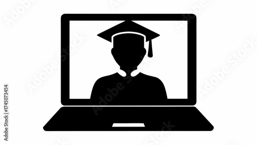 Modern student graduating online via laptop screen symbolizing distance learning and digital education achievement